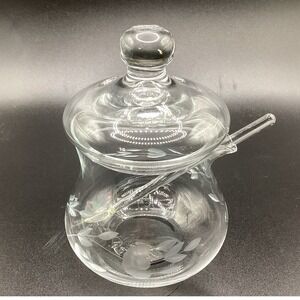 Vtg‎ Princess House Heritage Condiment Jelly Jar Lid & Spoon Etched 4.5 x 2.25